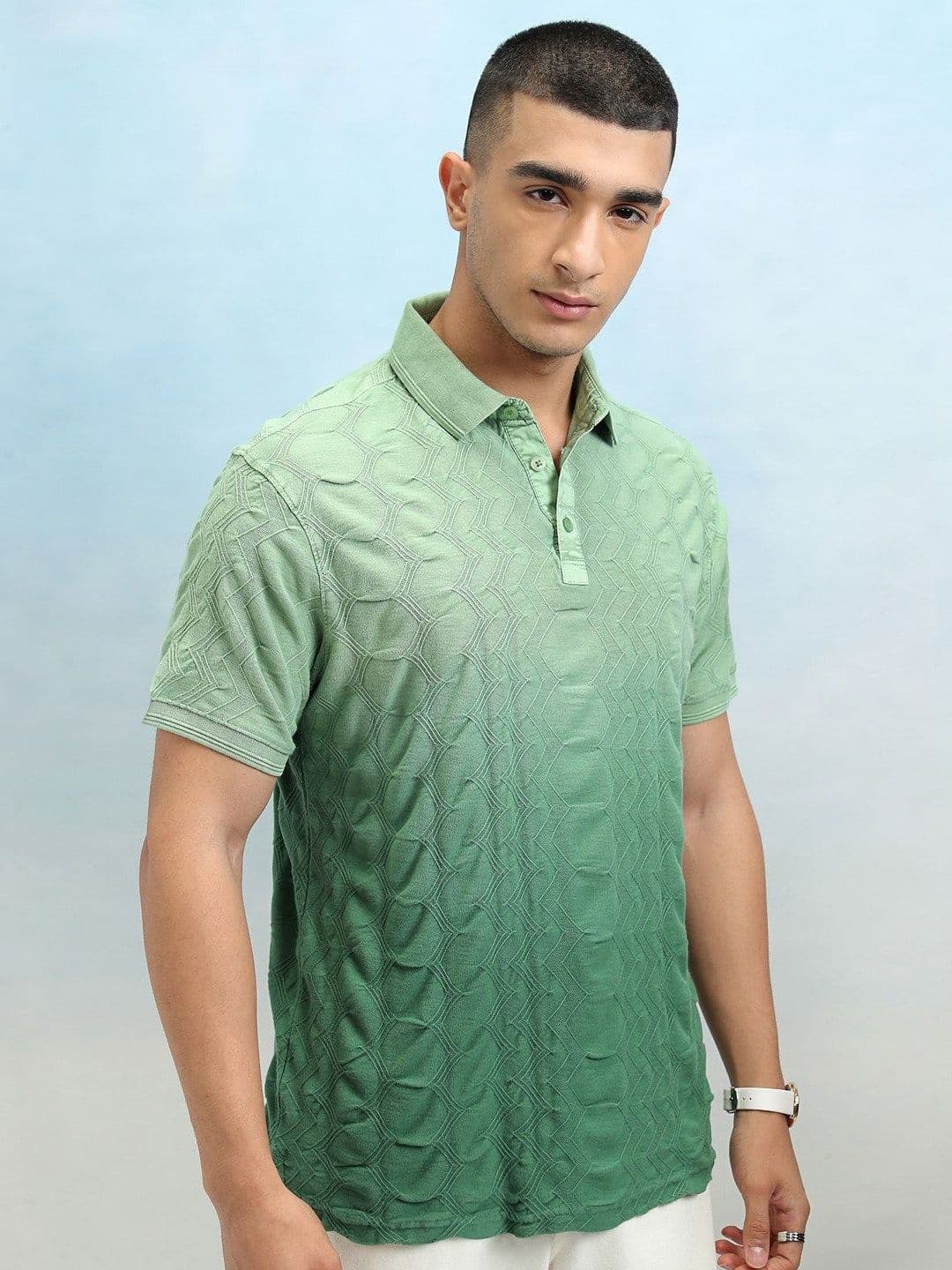 HIGHLANDER Men Self Design Polo Collar Cotton Slim Fit T-shirt - view 1
