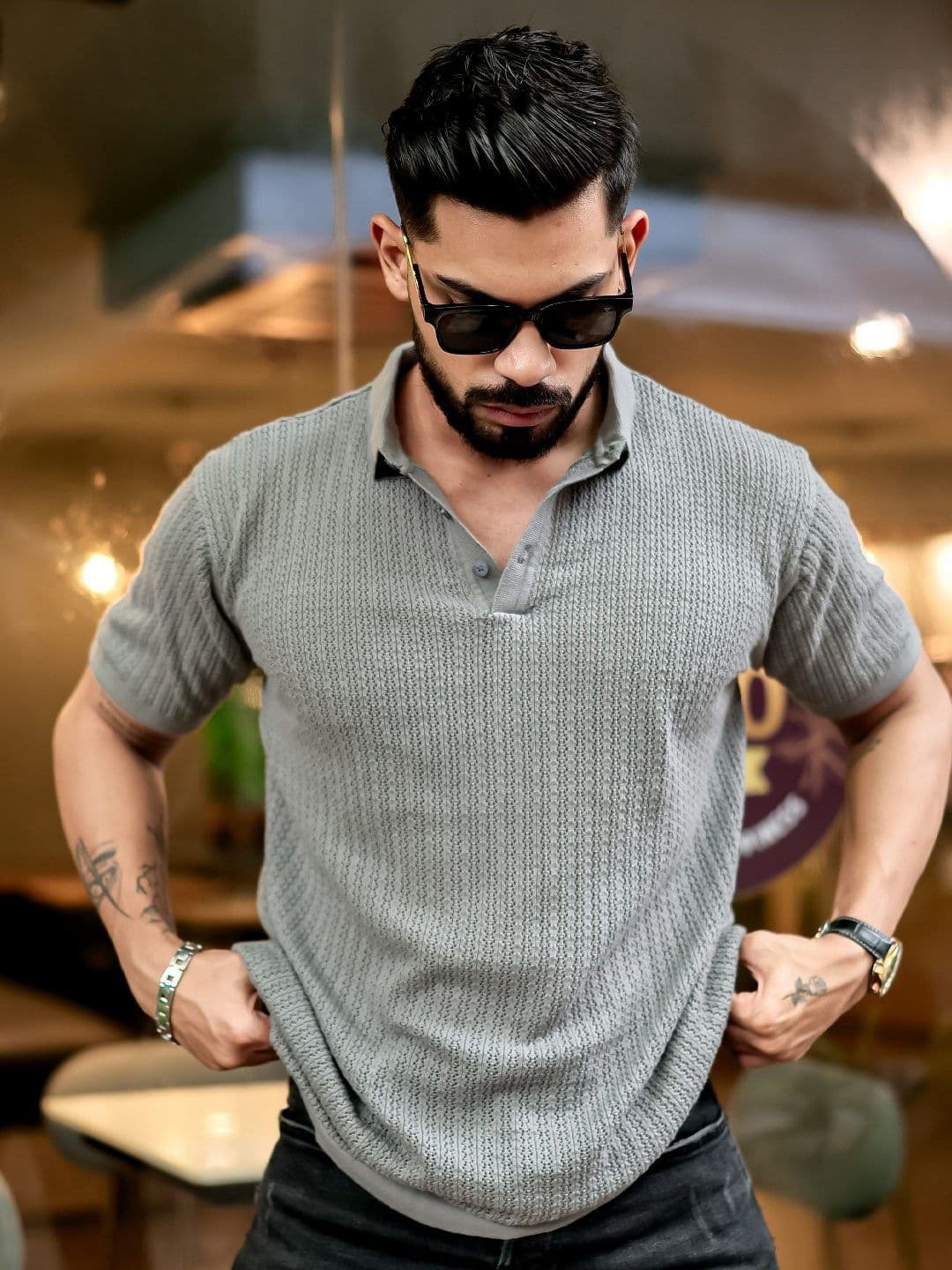 Maniac Men Self Design Polo Collar Cotton Slim Fit T-shirt - view 1