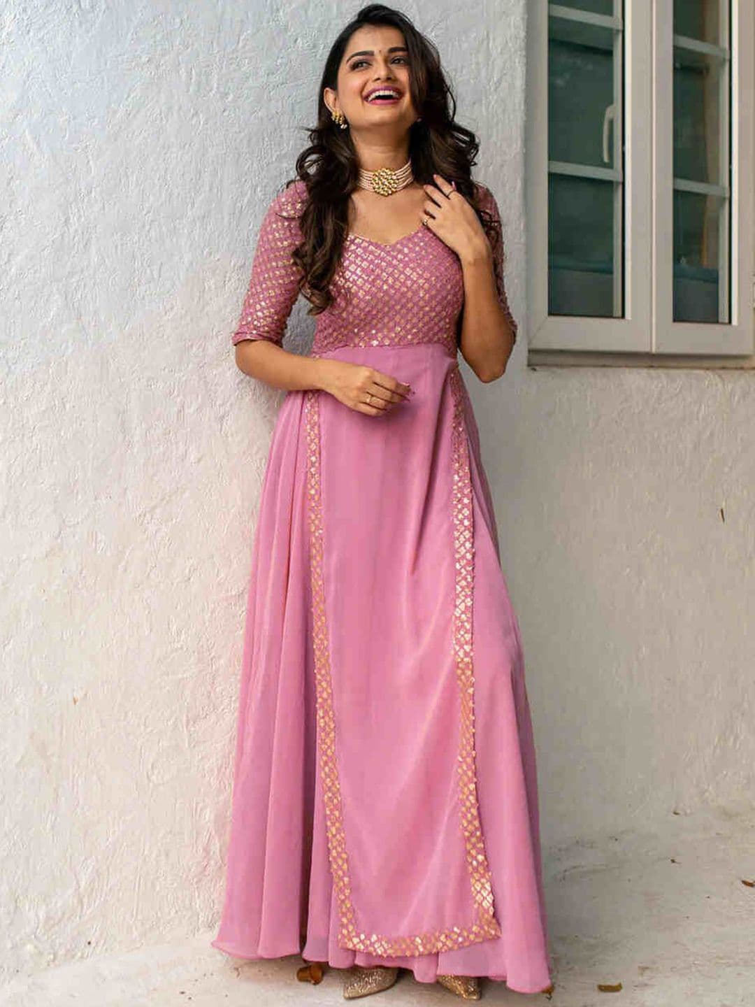 KALINI Embroidered maxi Ethnic motifs Georgette Fit and Flare Dresses - view 1
