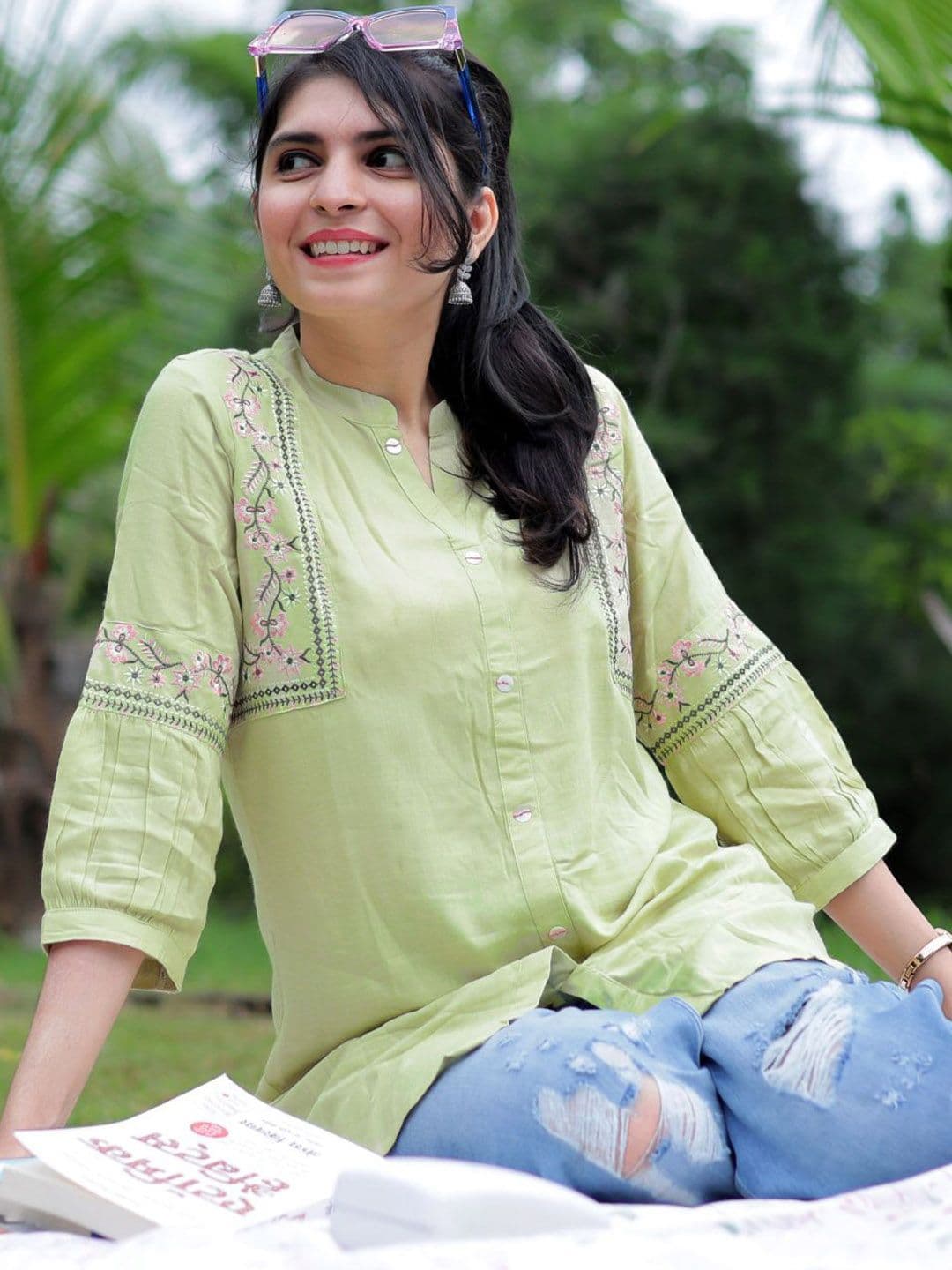 KALINI Floral Embroidered Mandarin Collar A-Line Republic Day Kurti - view 1