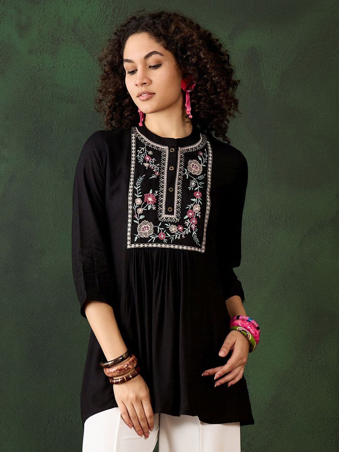 Sangria Women Floral Embroidered Mandarin Collar Top - view 1