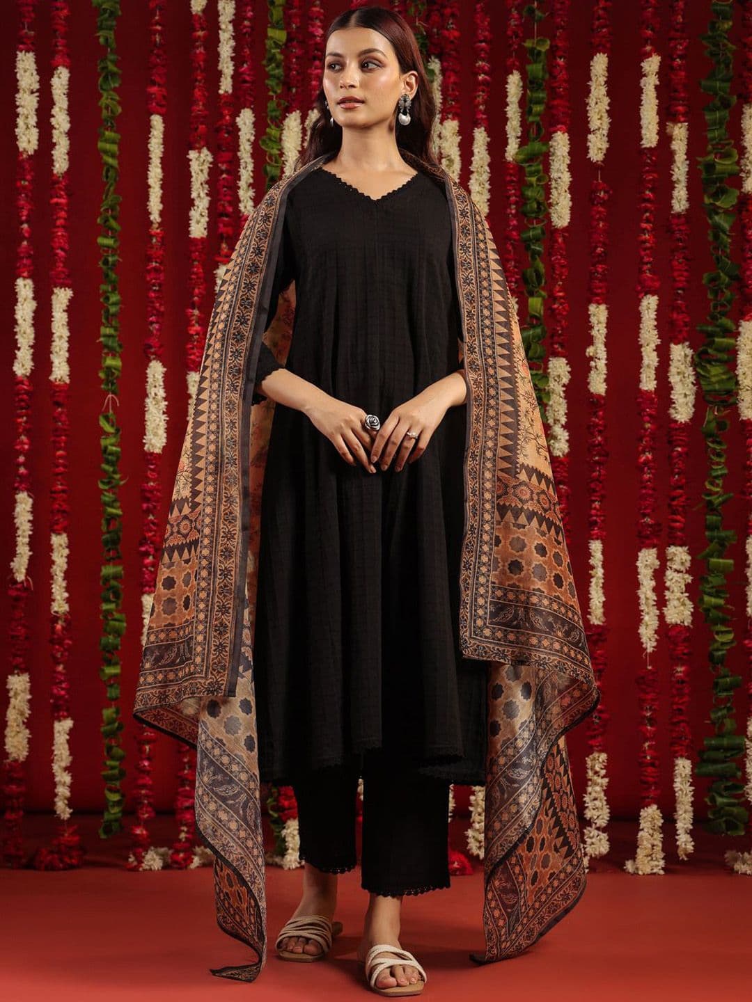 anayna Black & Orange Geometric Woven Design Cotton Anarkali Kurta with Trousers & Dupatta - view 1