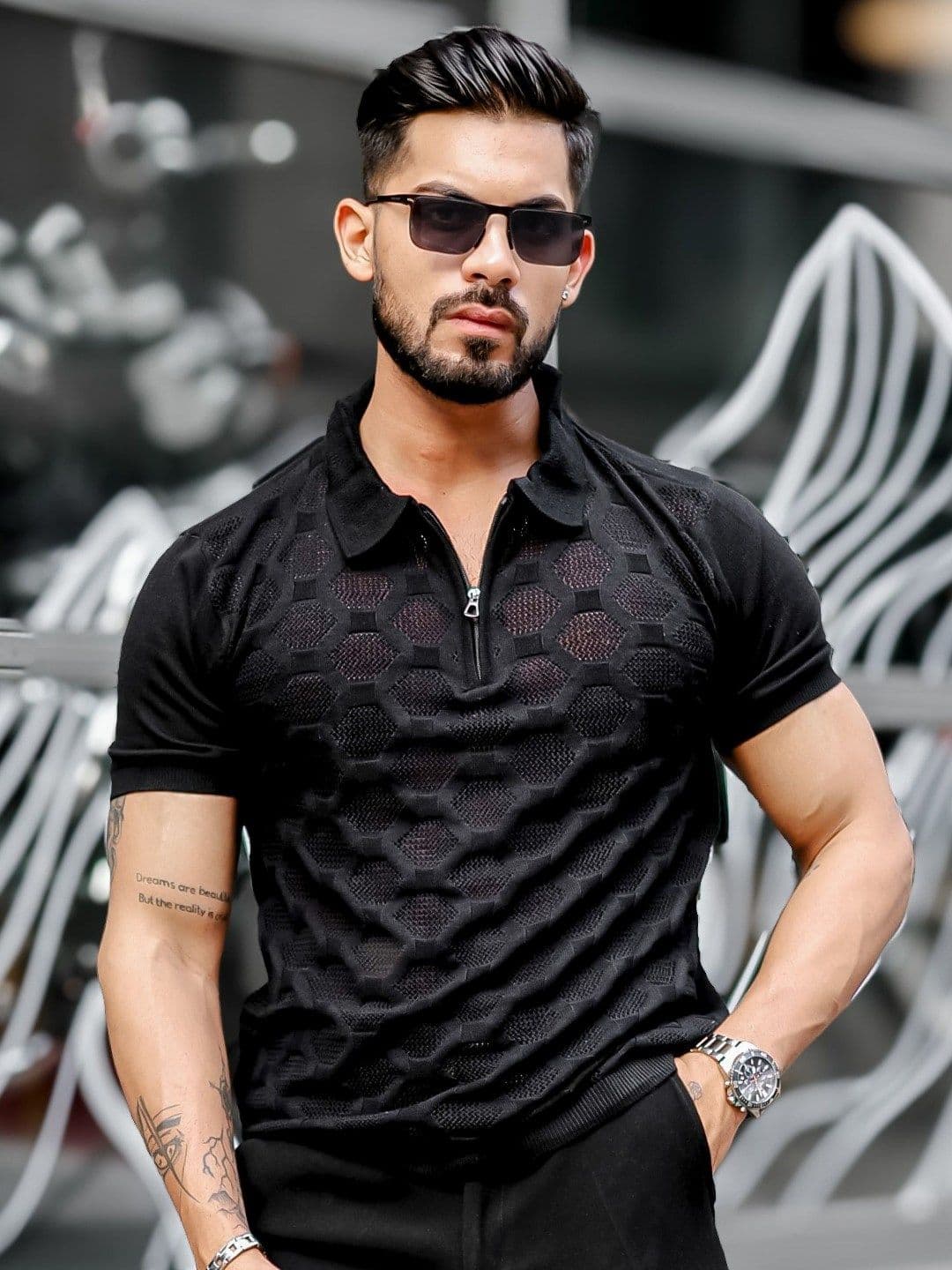 Maniac Men Self Design Polo Collar Cotton Slim Fit T-shirt - view 1