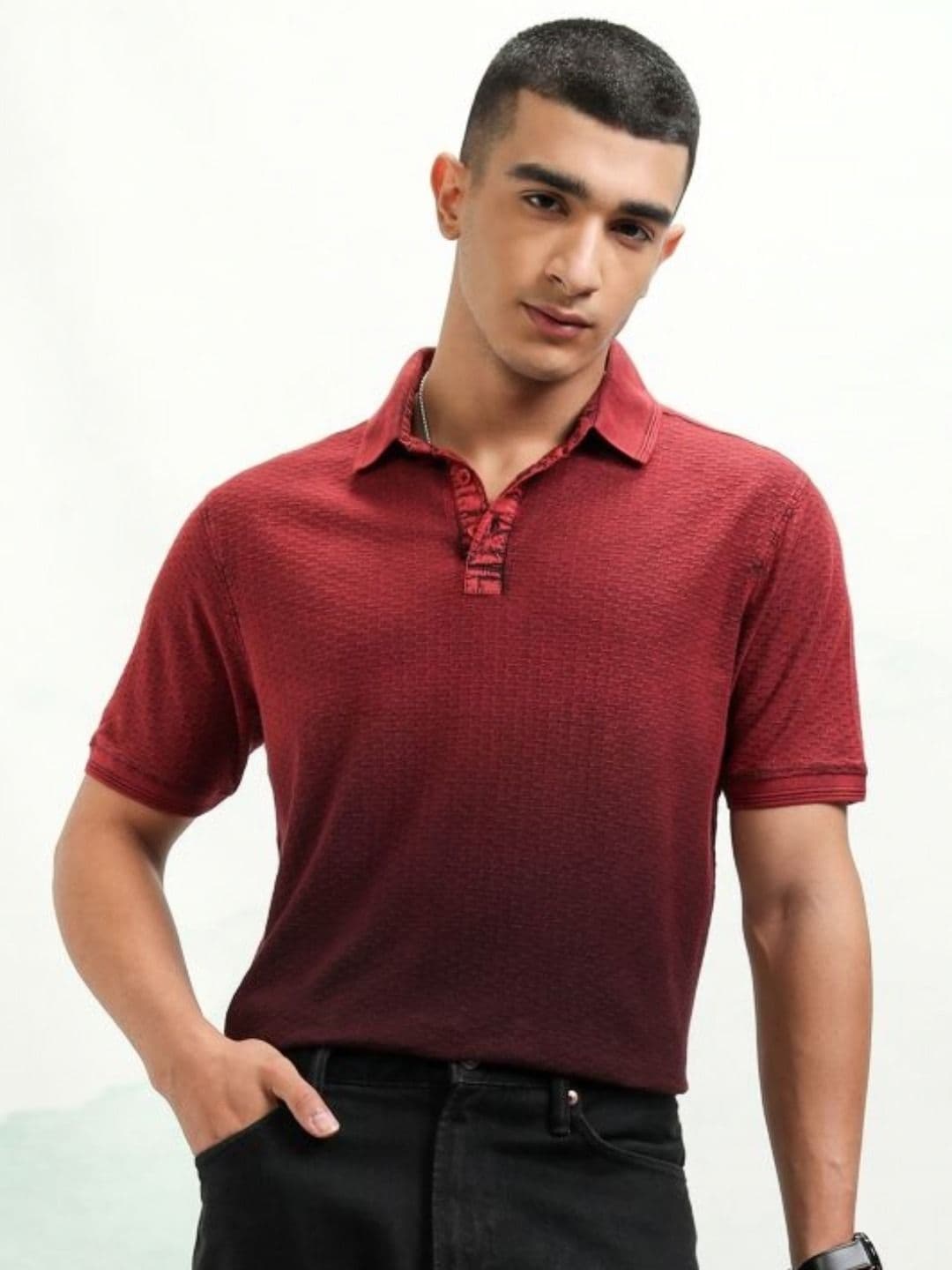 HIGHLANDER Men Self Design Polo Collar Cotton Slim Fit T-Shirt - view 1