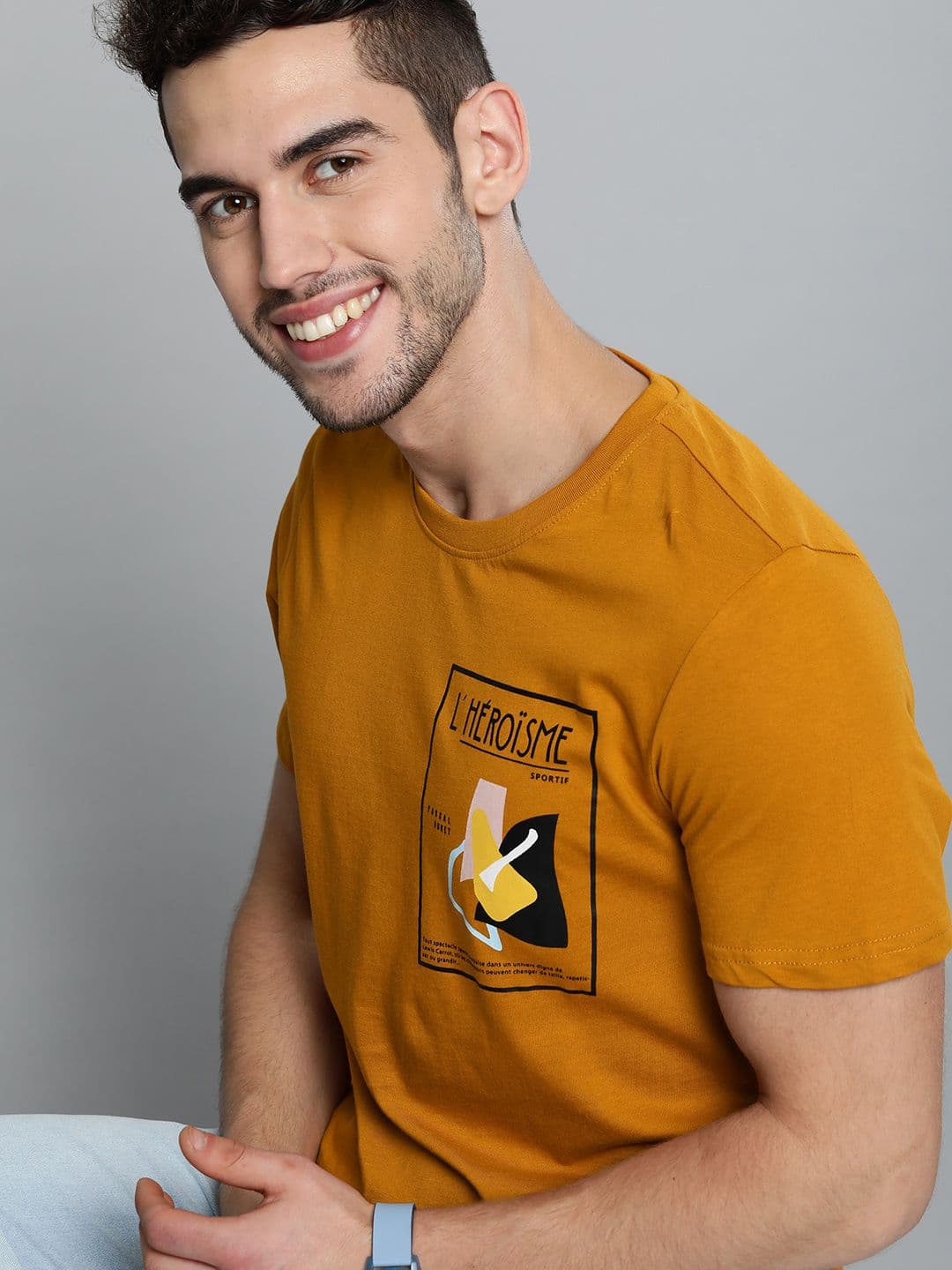 Mast & Harbour Mast Harbour Men Mustard Yellow Printed Round Neck Pure Cotton T-shirt - view 1