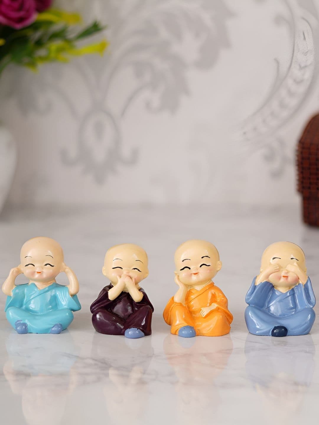 Quace Baby Monk Blue Ceramic Glossy Living Room Set of 4 Tiny Showpieces - 2.2 Inches - view 1