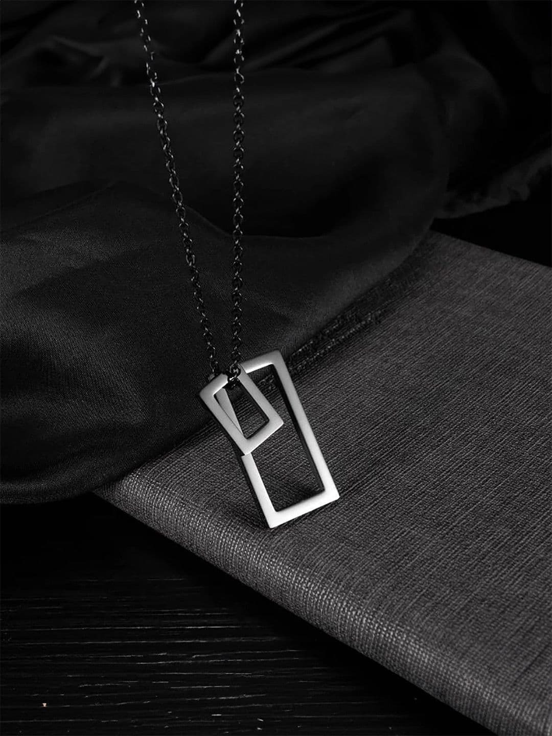 Yellow Chimes Men Rhodium-Plated Stainless Steel Square Shaped Pendant with Chain - view 1