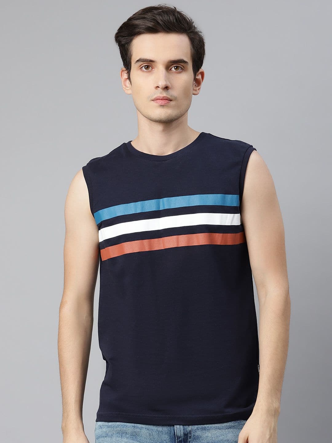 The Roadster Lifestyle Co Men Navy Pure Cotton Striped Round Neck Pure Cotton T-shirt - view 1