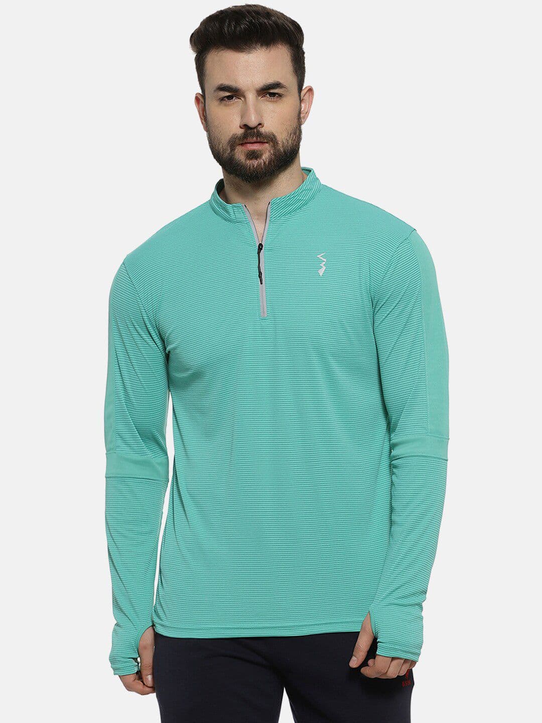 CAHOOT Men Green Striped Mandarin Collar Anti-Viral T-shirt - view 1