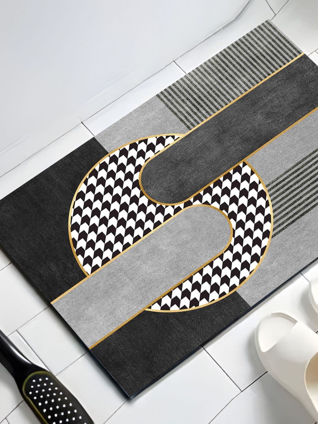 UMAI Black & Grey 2 Pieces Printed Rectangle Anti-Skid 210 GSM Bath Rug - view 1