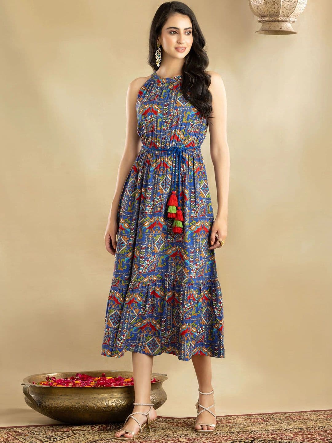 HERE&NOW Ethnic Motifs Printed Halter Neck A-Line Midi Ethnic Dress - view 1