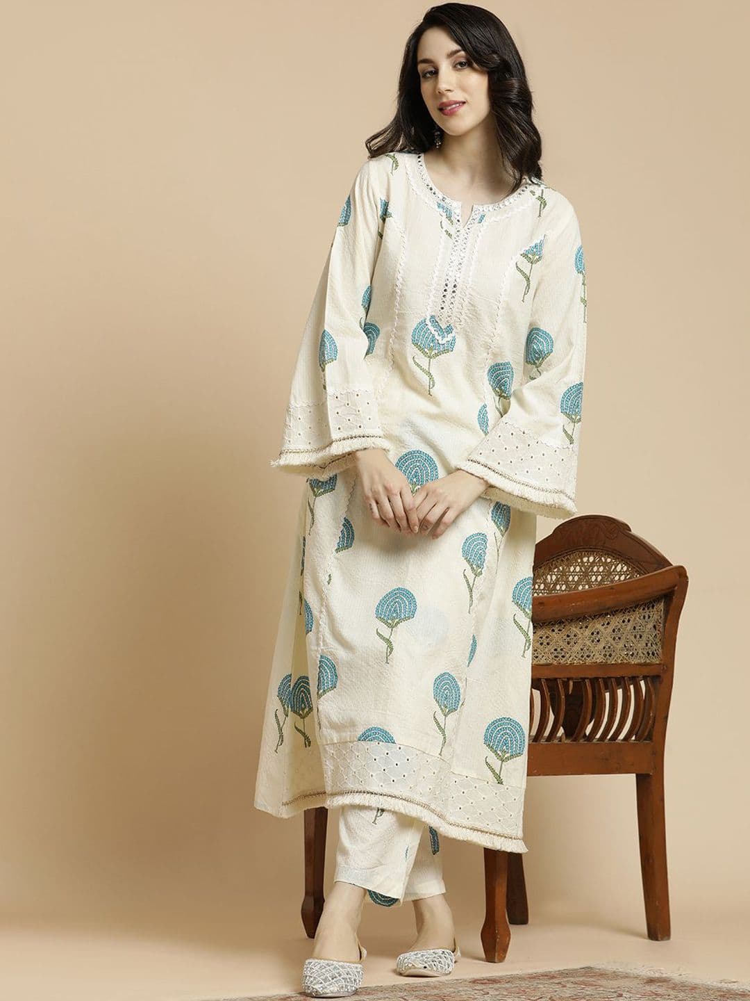 Anouk Off-White & Blue Printed Notch Neck Schiffli Work Cotton A-Line Kurta & Trouser - view 1
