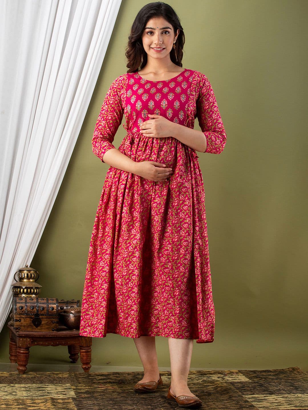 MURLI KURTI Ethnic Motifs Printed Round Neck Cotton Maternity Midi Ethnic Dresses - view 1