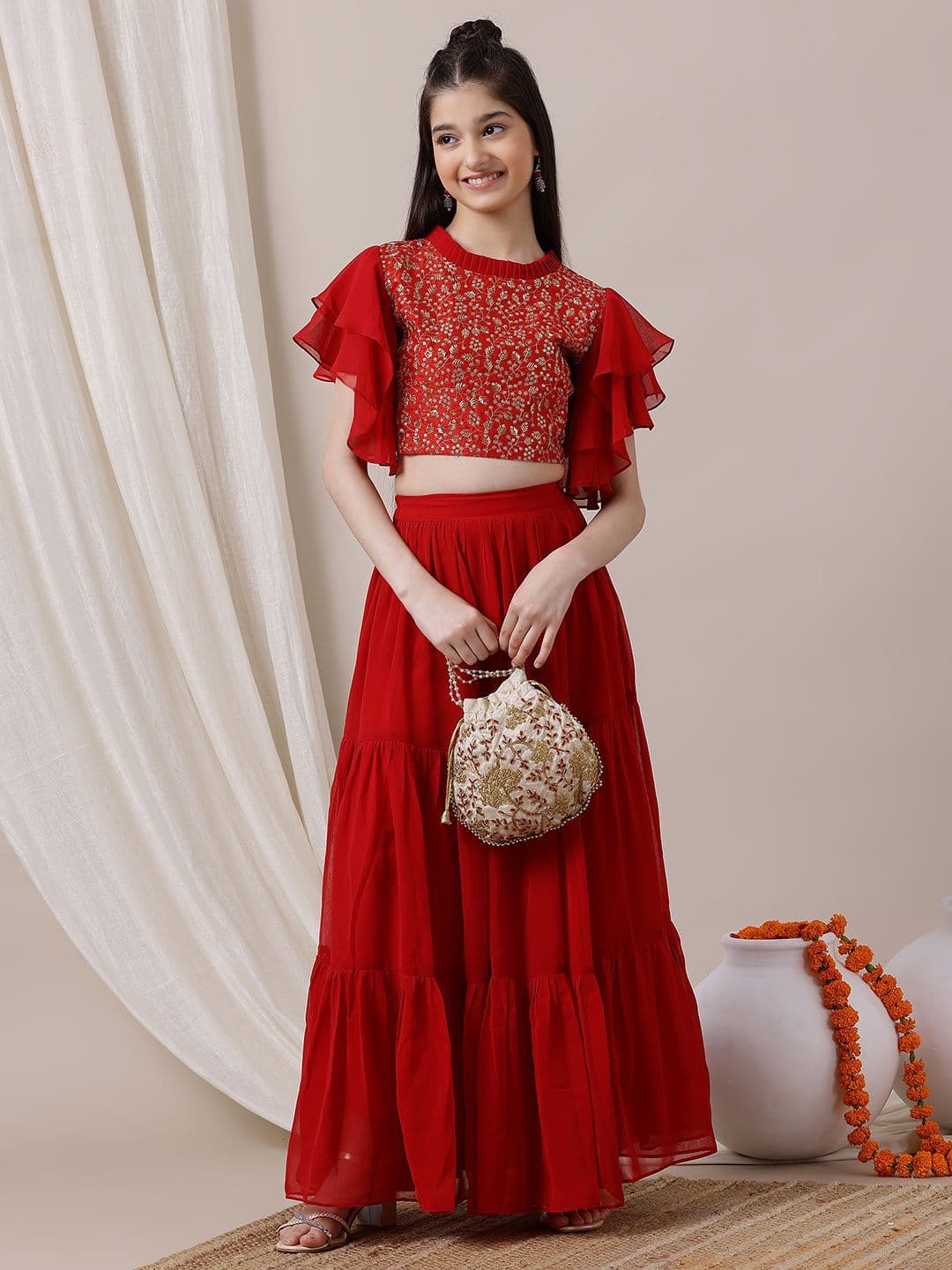 Inddus Girls Embroidered Sequinned Ready to Wear Lehenga & - view 1
