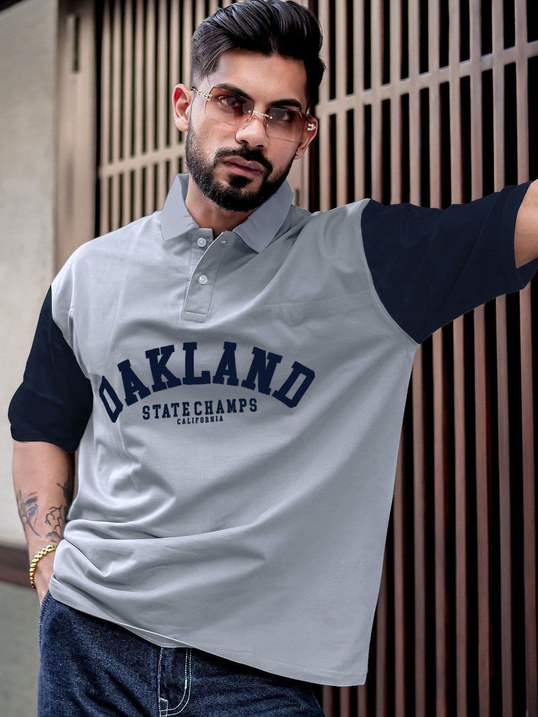 Maniac Men Typography Printed Polo Collar Cotton Oversized T-Shirt - view 1