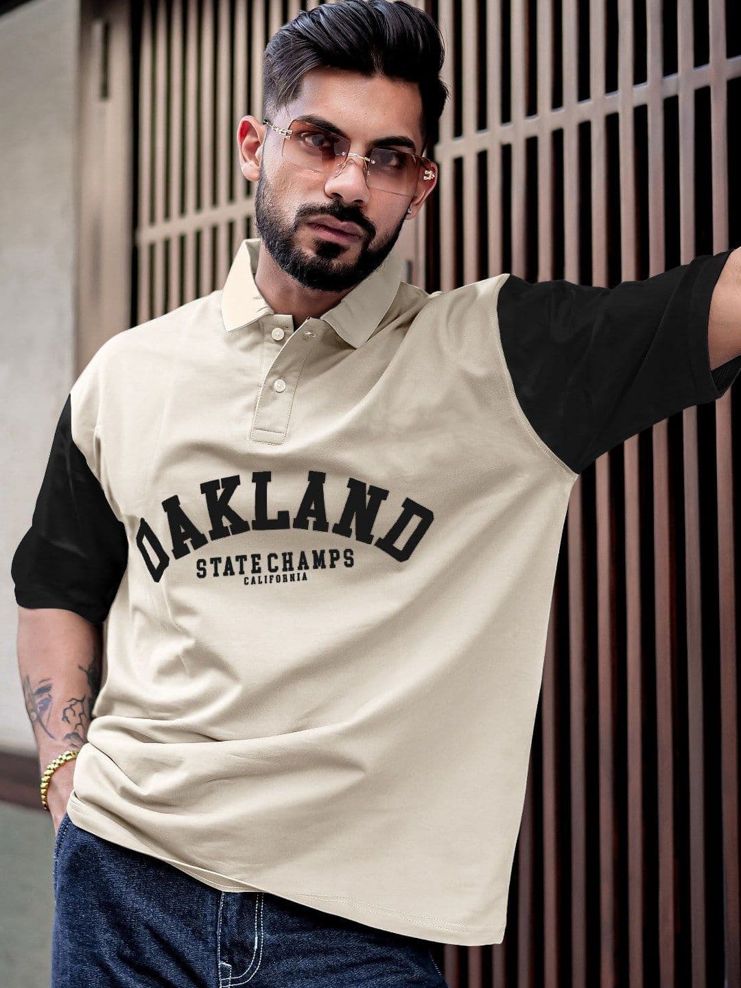 Maniac Men Typography Printed Polo Collar Cotton Oversized T-Shirt - view 1
