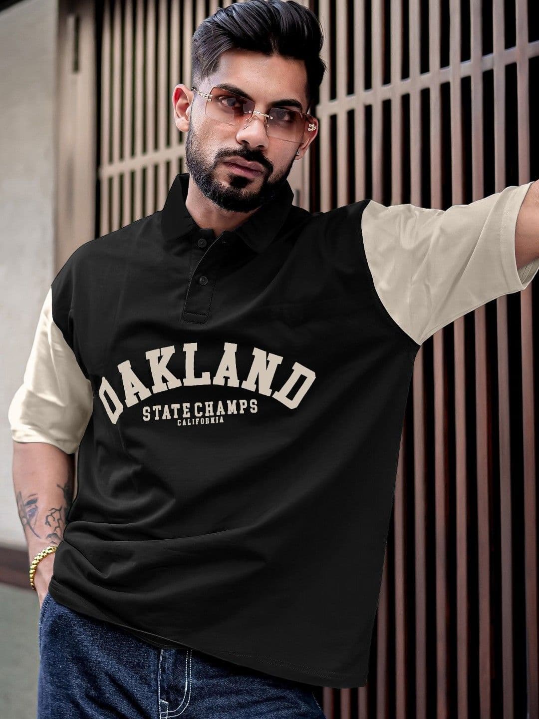 Maniac Men Typography Printed Polo Collar Cotton Oversized T-Shirt - view 1