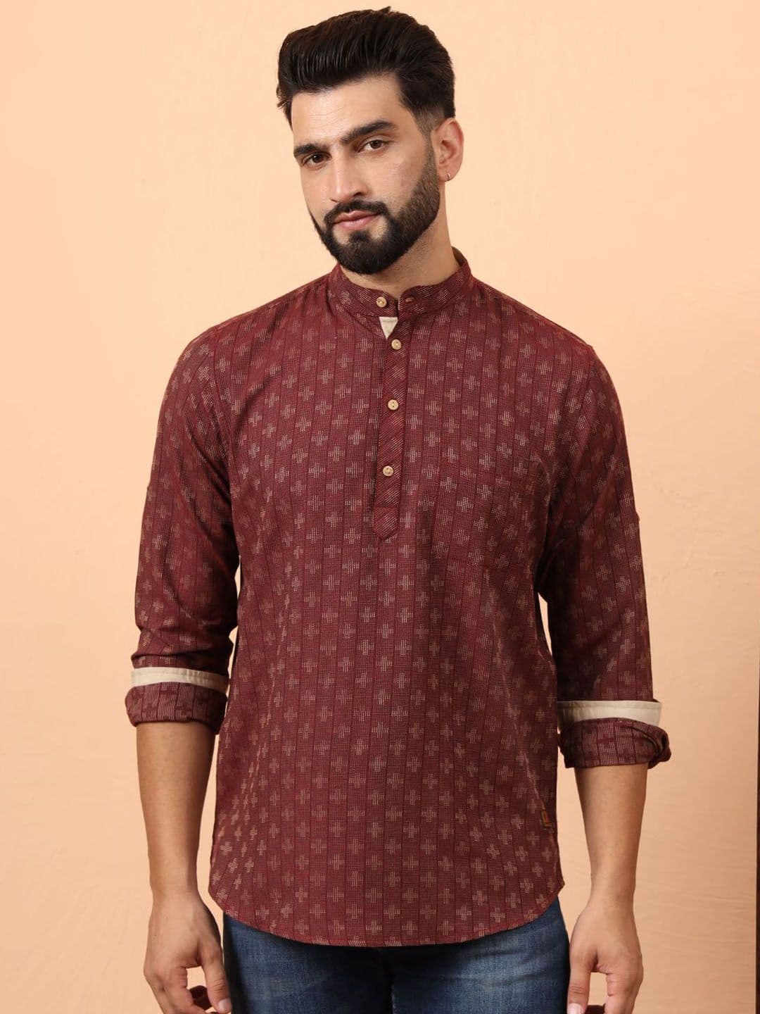 Latest Chikan Garments Geometric Woven Design Mandarin Collar Straight Short Kurta - view 1