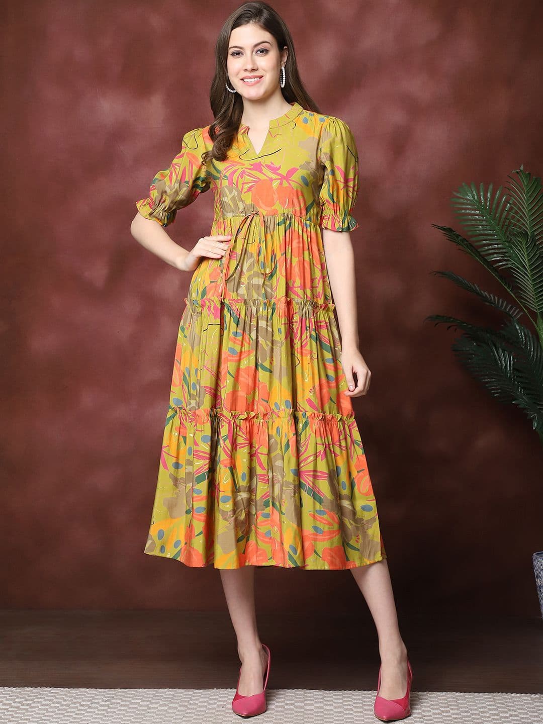 Claura Women Floral Print Mandarin Collar Puff Sleeves Maxi Midi Dress - view 1