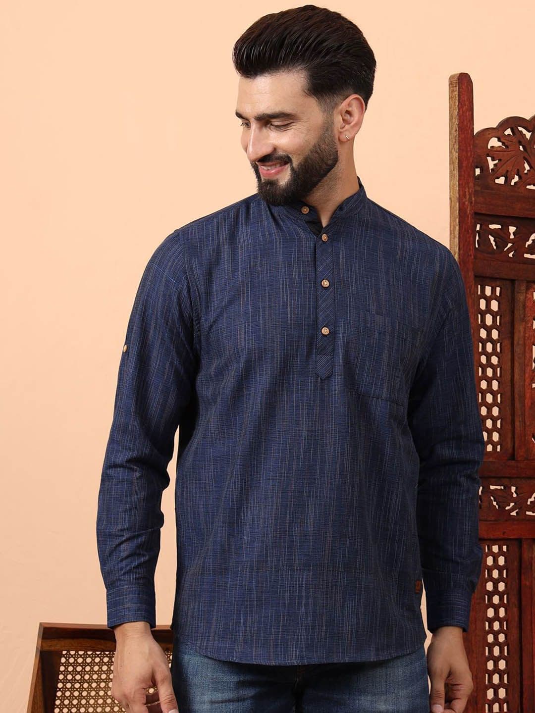 Latest Chikan Garments Striped Mandarin Collar Straight Short Kurta - view 1