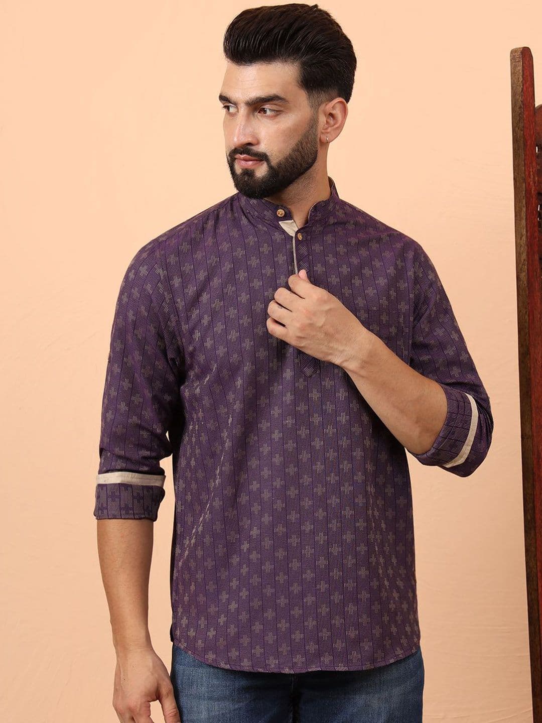 Latest Chikan Garments Geometric Woven Design Mandarin Collar Straight Short Kurta - view 1