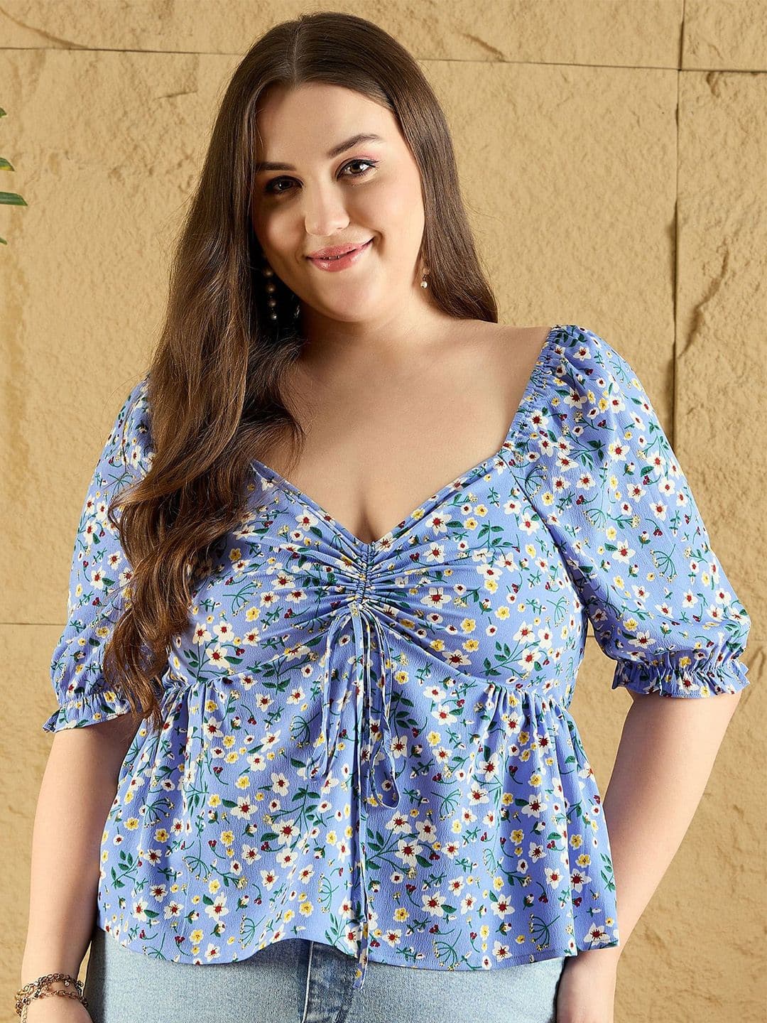 Berrylush Curve Plus Size Women Floral Printed Sweetheart Neck Top - view 1