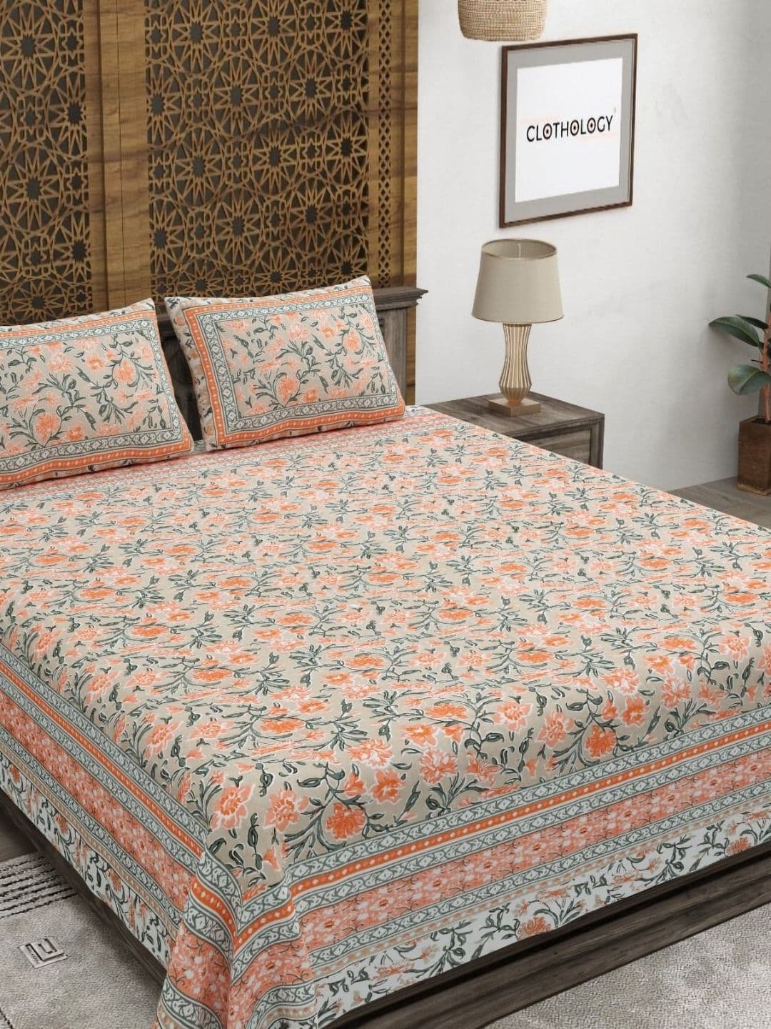 CLOTHOLOGY Rustic Orange Floral The Gulbagh Edit 180 TC Cotton King Bedsheet with 2 Pillow Cover - view 1