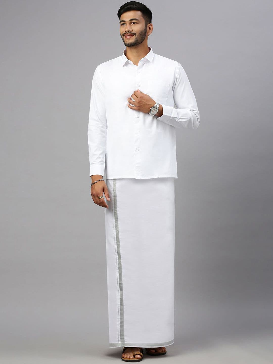 Ramraj Men Cotton Solid Zari Border Double Layer Dhoti - view 1