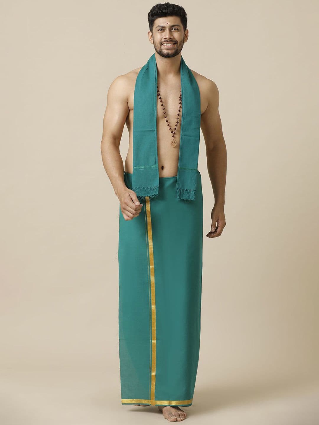 Ramraj Men Cotton Green Solid Devotional Gold Jari Border Single Layer Dhoti - view 1