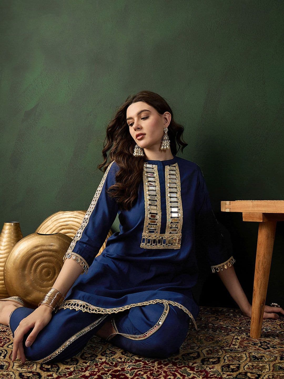 Sangria Embellished Mirror Work Roman Silk Tunic With Dhoti Pant - view 1
