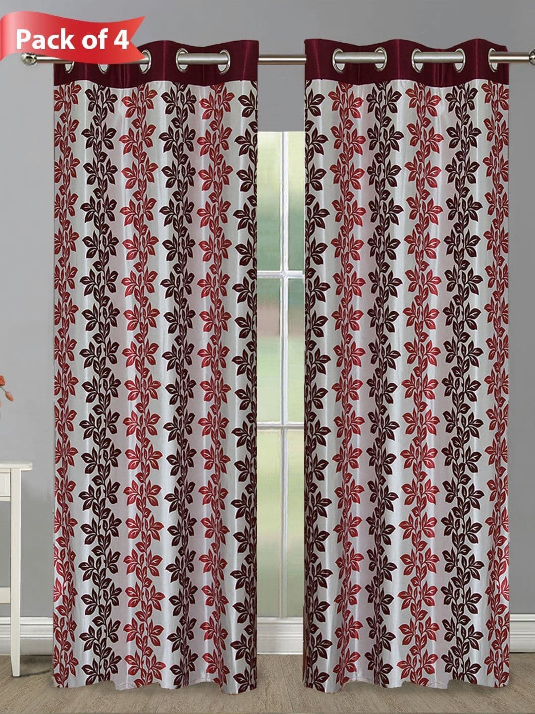 Aura Maroon & Brown Set of 4 Floral Long Door Curtains - view 1