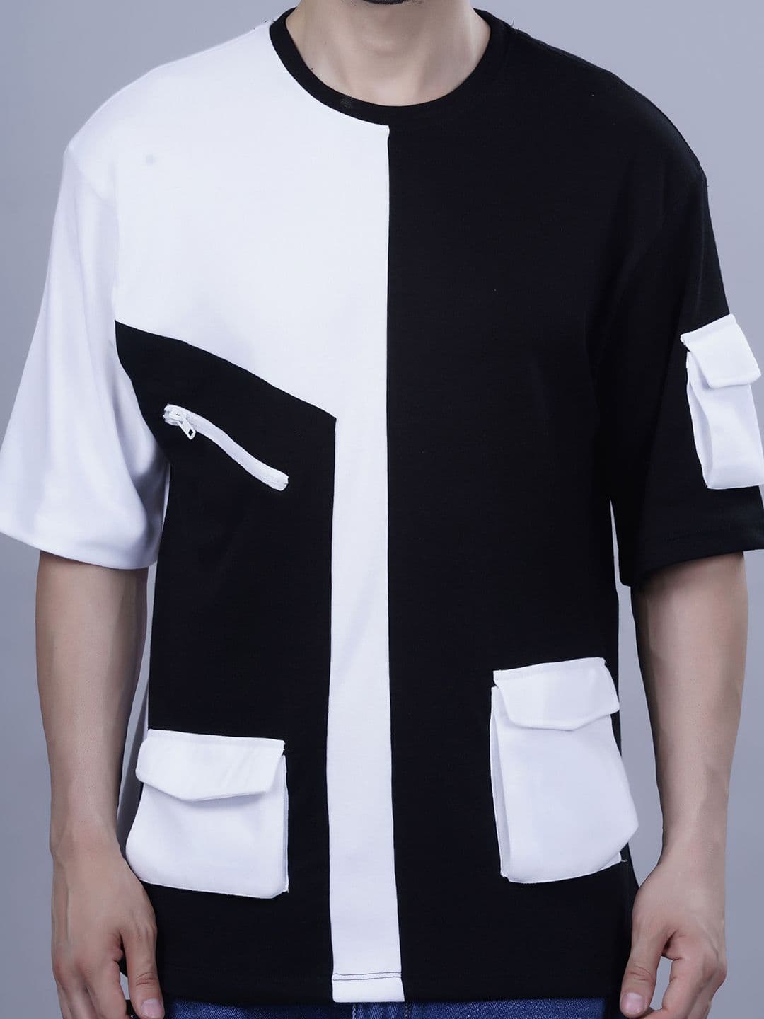 FEVER HUNT Men Colourblocked Round Neck Cotton Oversized T-Shirt - view 1