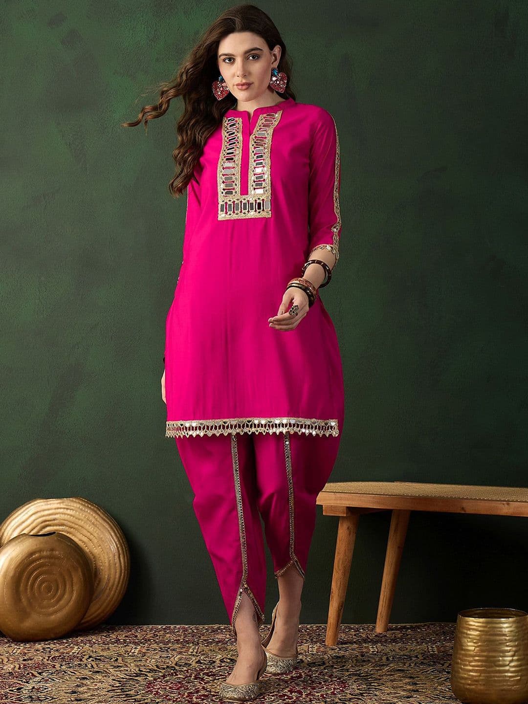 Sangria Embellished Mirror Work Roman Silk Tunic With Dhoti Pant - view 1