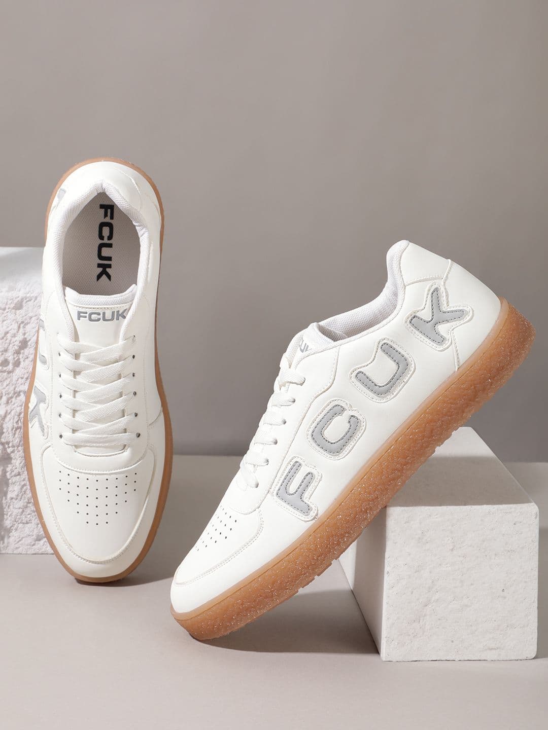 FCUK Men Brand Logo Printed Round-Toe Sneakers with Perforated Detail - view 1