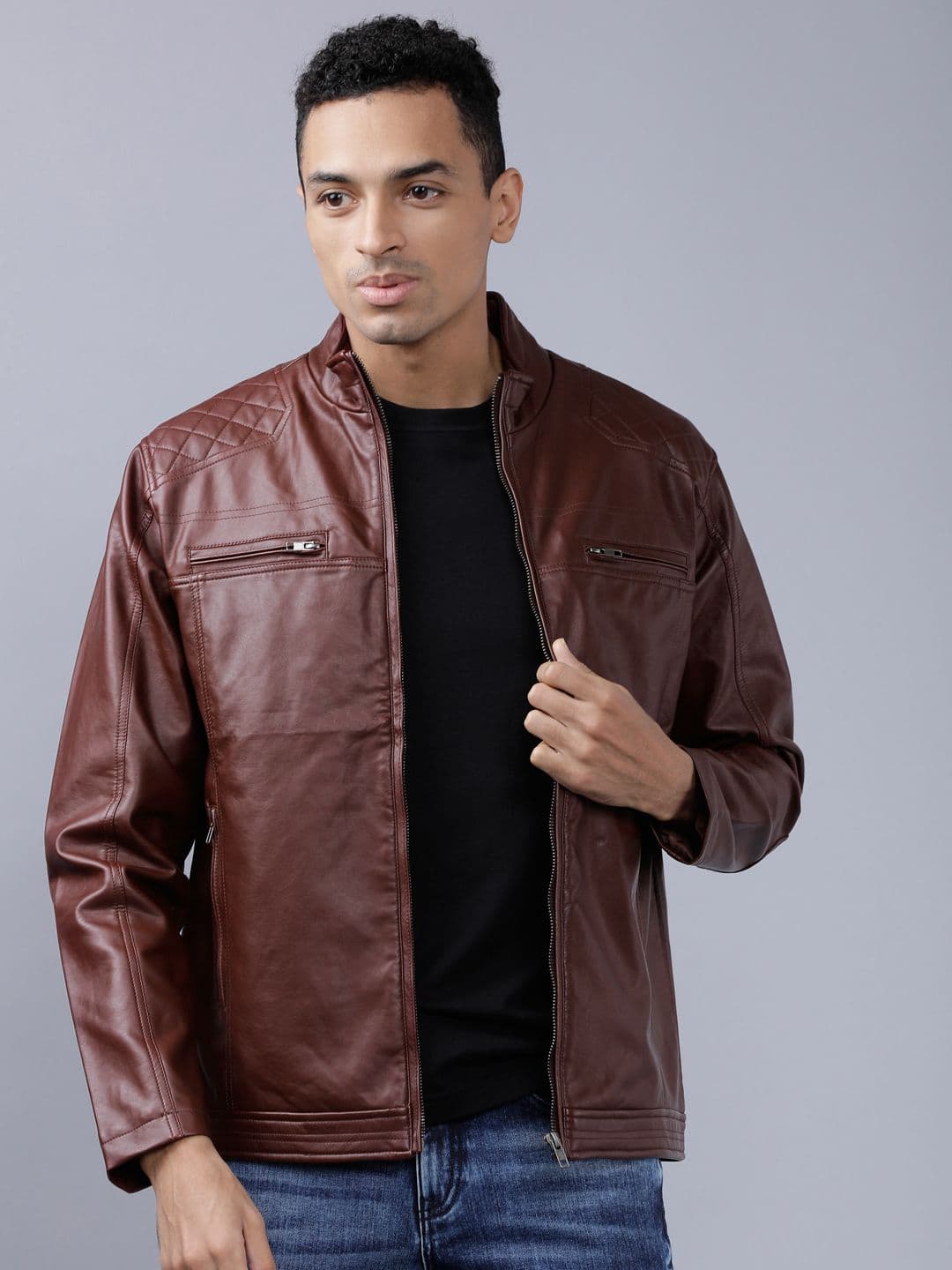 HIGHLANDER Men Burgundy Solid Leather Jacket - view 1