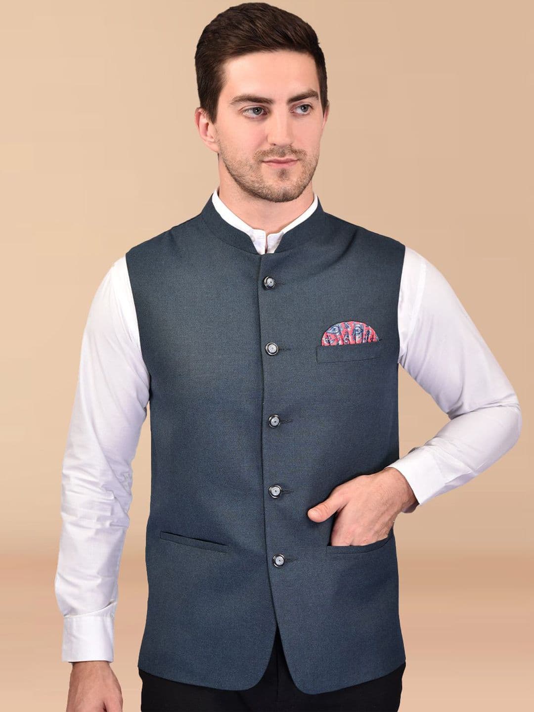 PRINTINDIA Mandarin Collar Woven Nehru Jacket - view 1