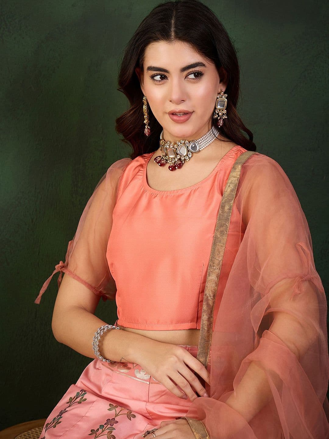 Sangria Placement Printed & Woven Design Lehenga With Choli & Dupatta - view 1