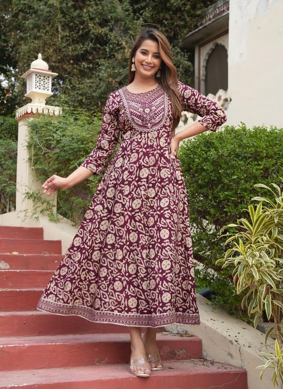 DARVIKAA COLLECTION Geometric Printed Panelled Mirror Work Anarkali Kurta - view 1