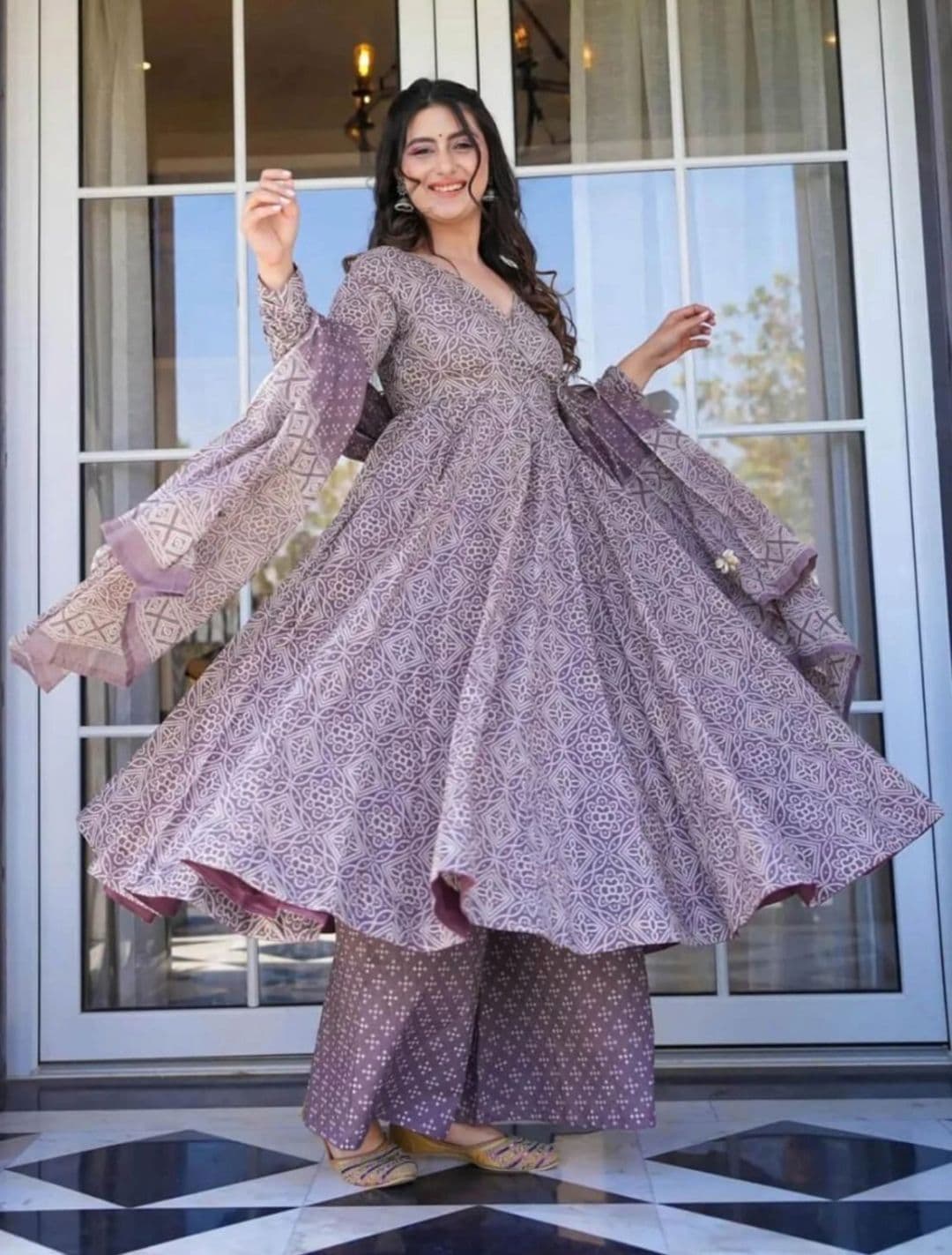 MANOJAVA Bandhani Printed V-Neck Angrakha Pure Cotton Kurta With Palazzos And Dupatta - view 1