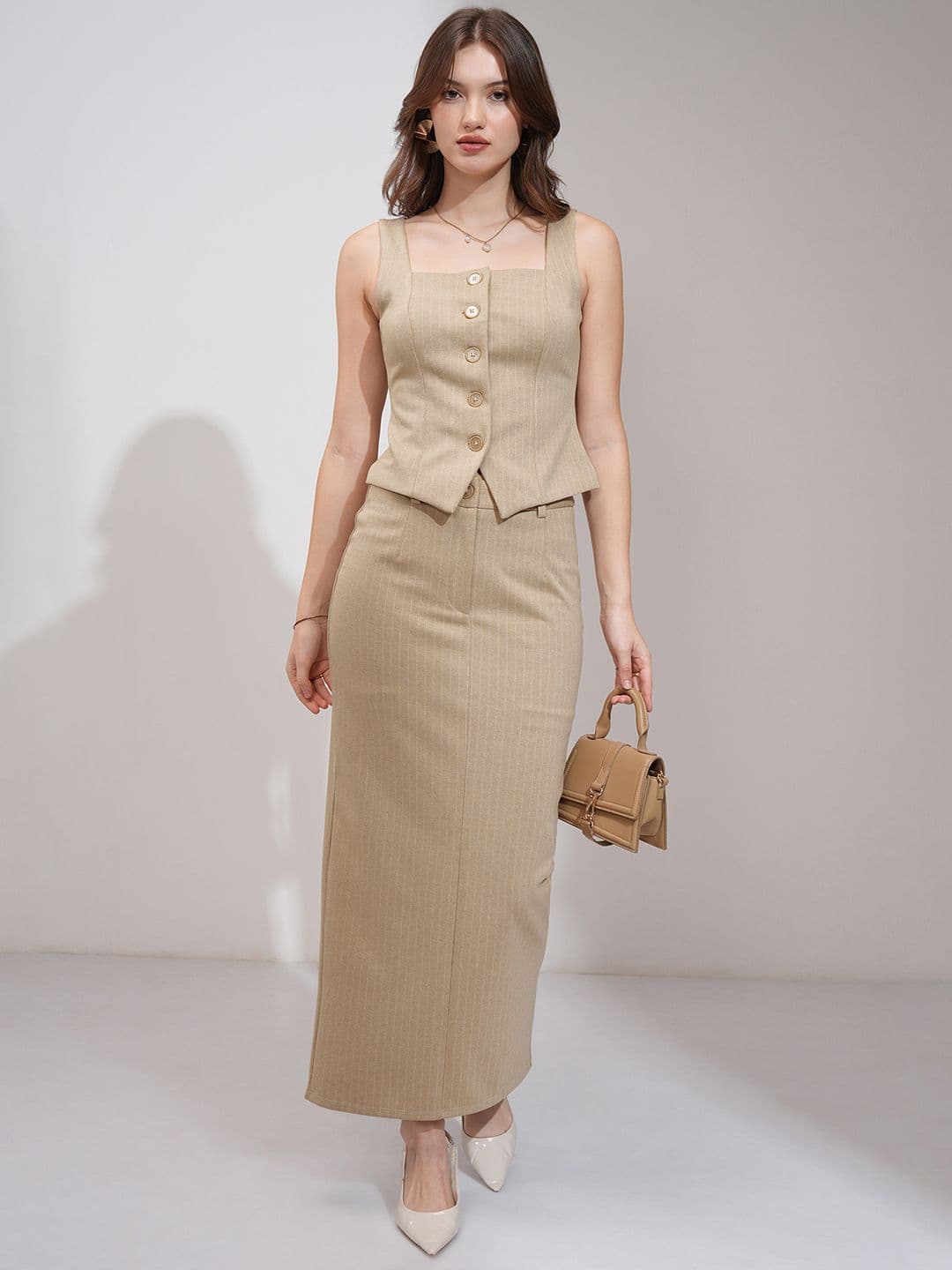 CHIC BY TOKYO TALKIES Women Pinstriped Vest Midi Column Skirt Set - view 1