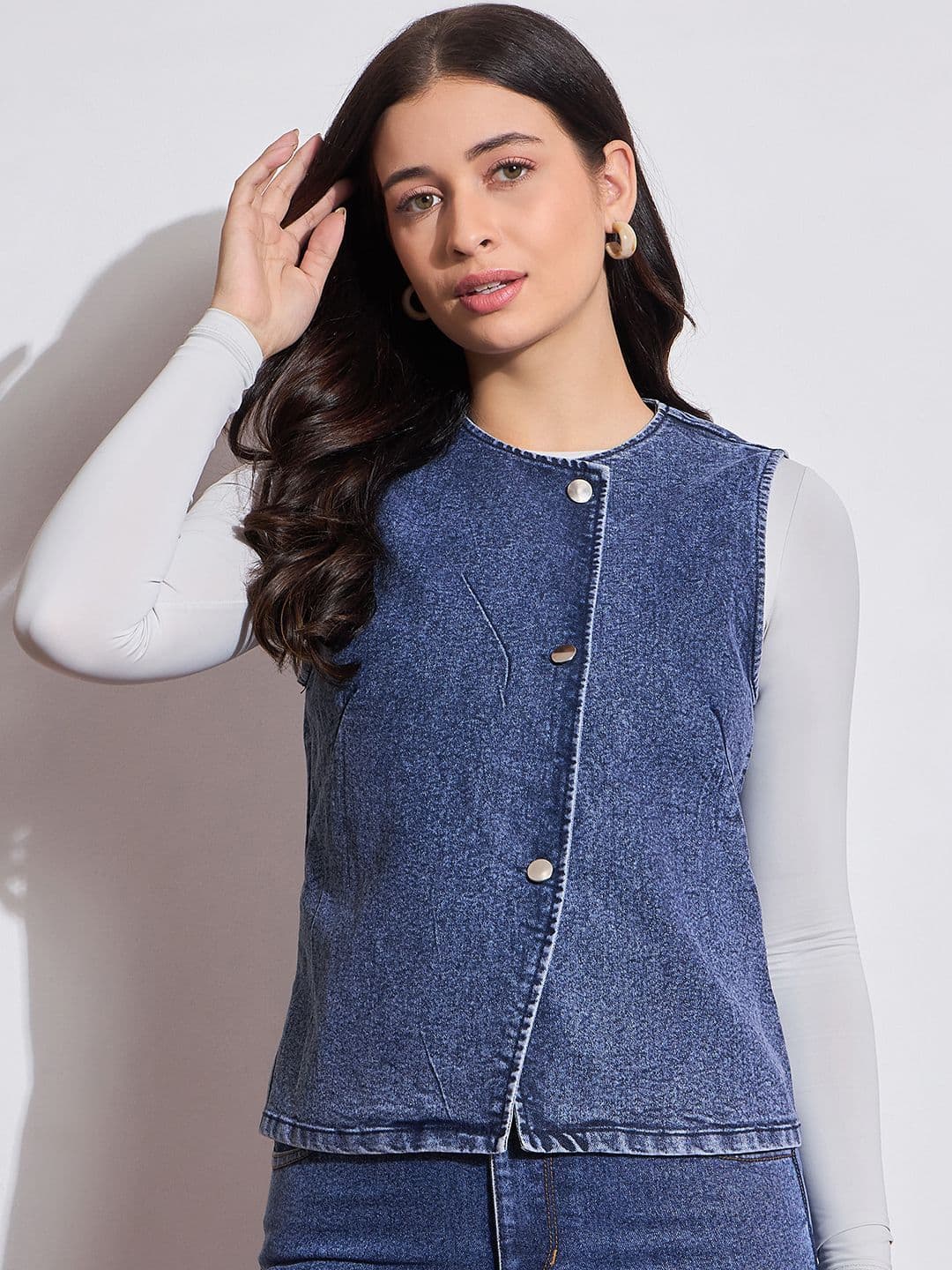 DRAPE AND DAZZLE Women Collarless Washed Solid Casual Denim Jacket - view 1