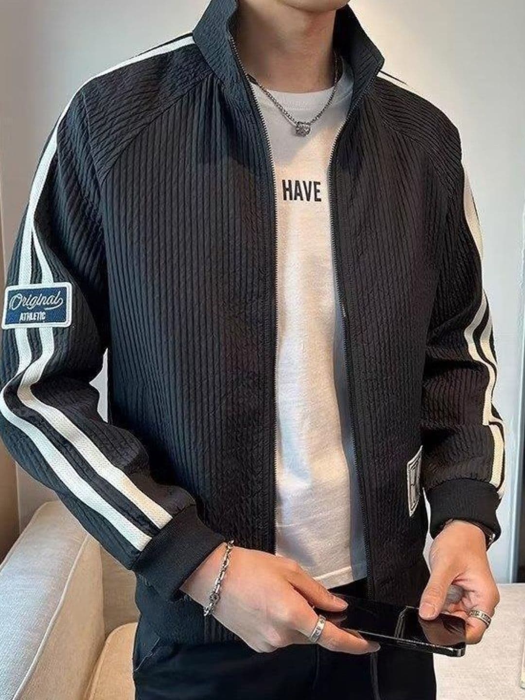 StyleCast Men Mock Collar Striped Casual Bomber Jacket - view 1