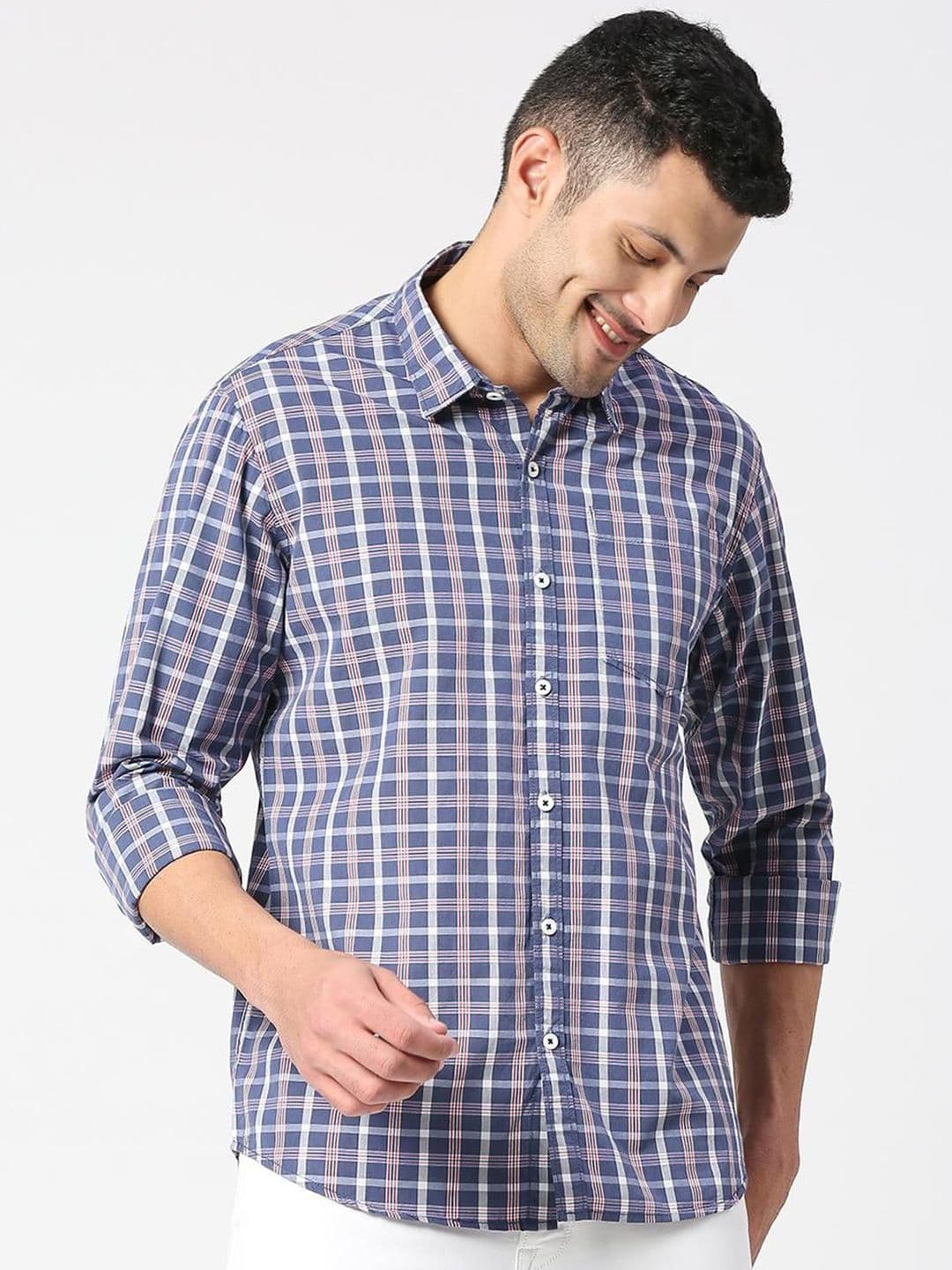 SNX Men Spread Collar Tartan Checked Cotton Casual Shirt - view 1