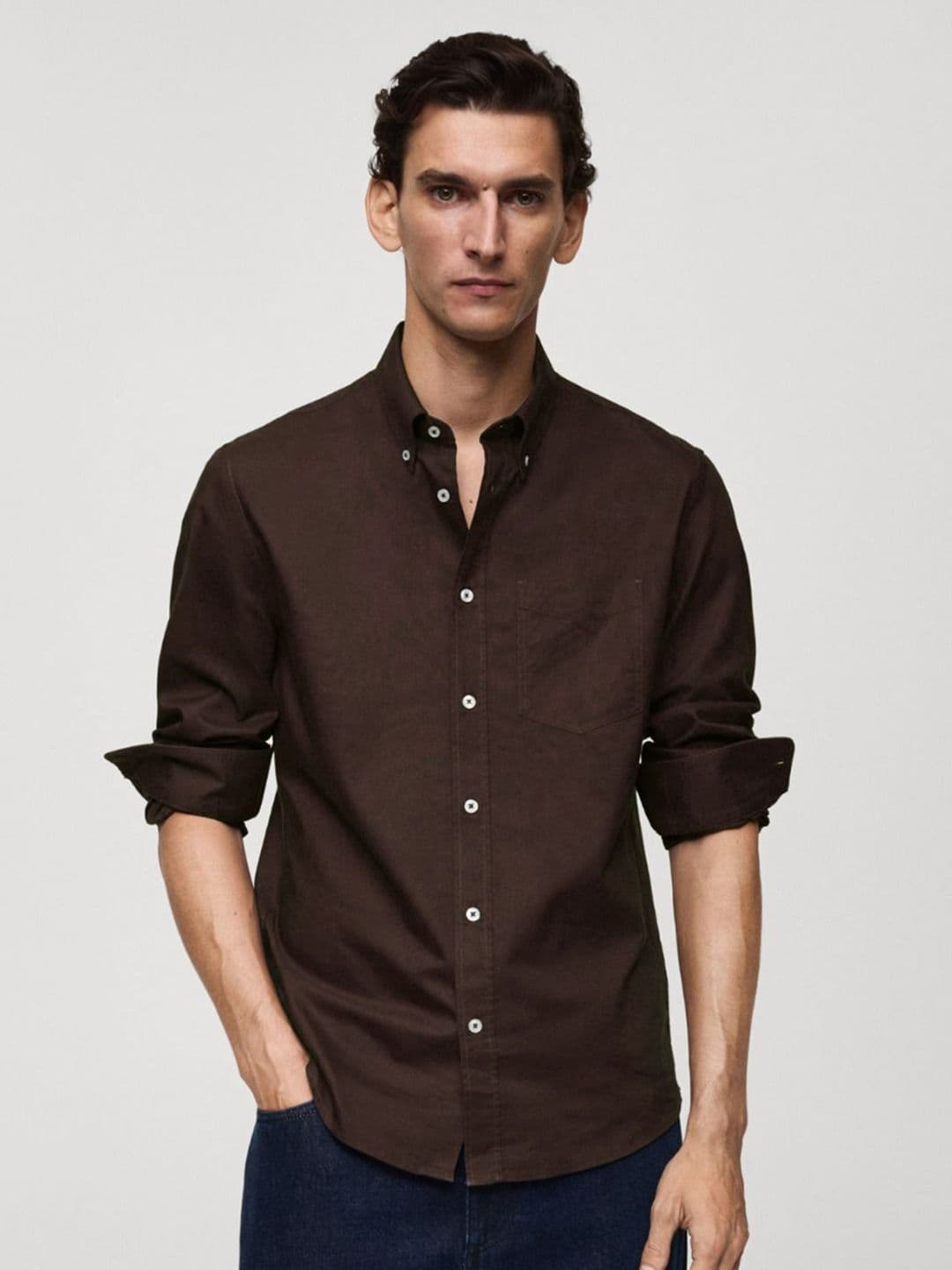 MISCHIEF MONKEY Men Classic Fit Button-Down Collar Solid Cotton Casual Shirt - view 1