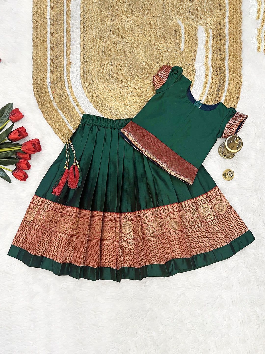 FELIZ THE DESIGNER STUDIO Girls Woven Design Zari Jacquard Ready to Wear Lehenga & Blouse - view 1