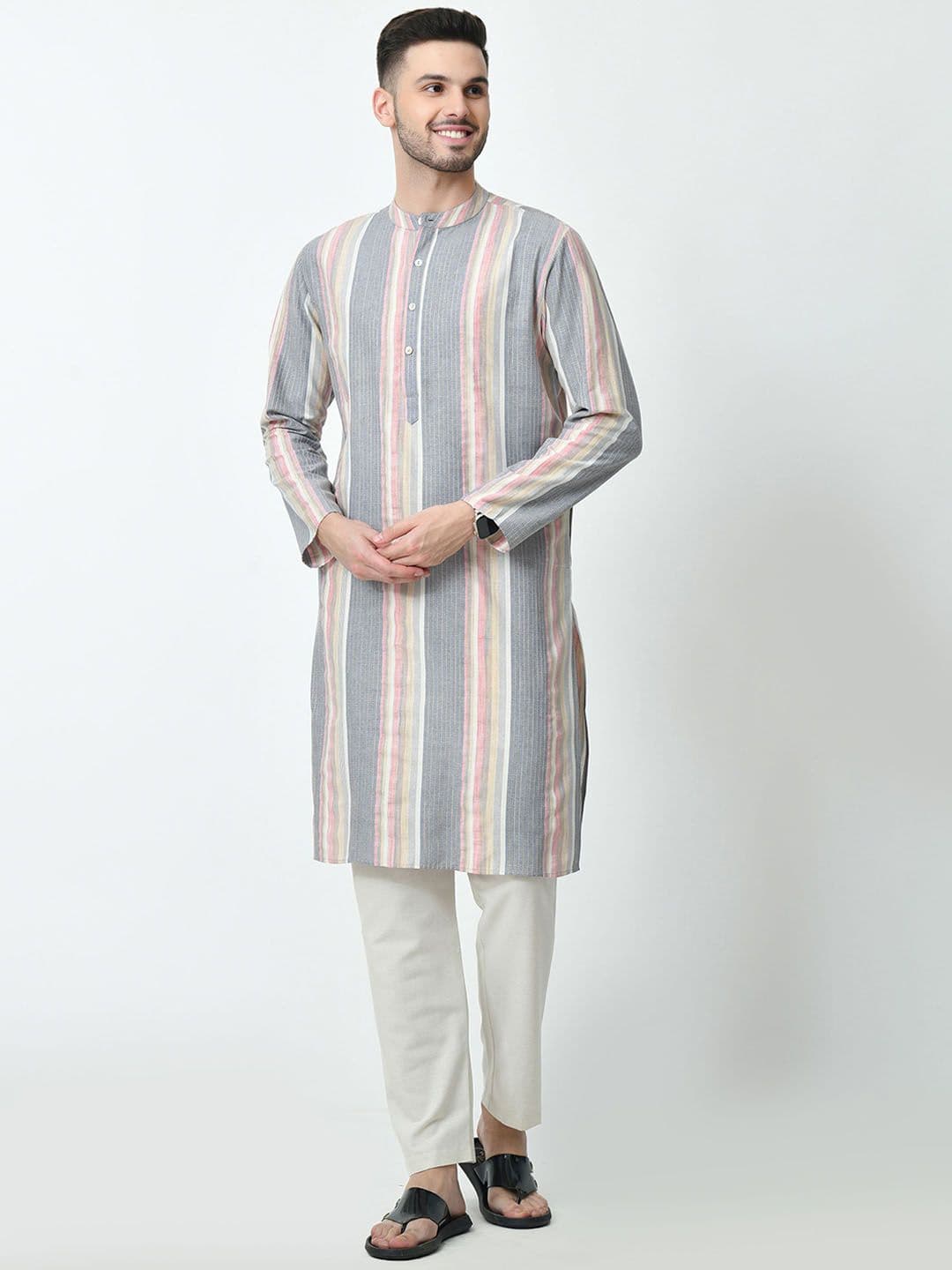 BAESD Men Striped Thread Work Kurta - view 1