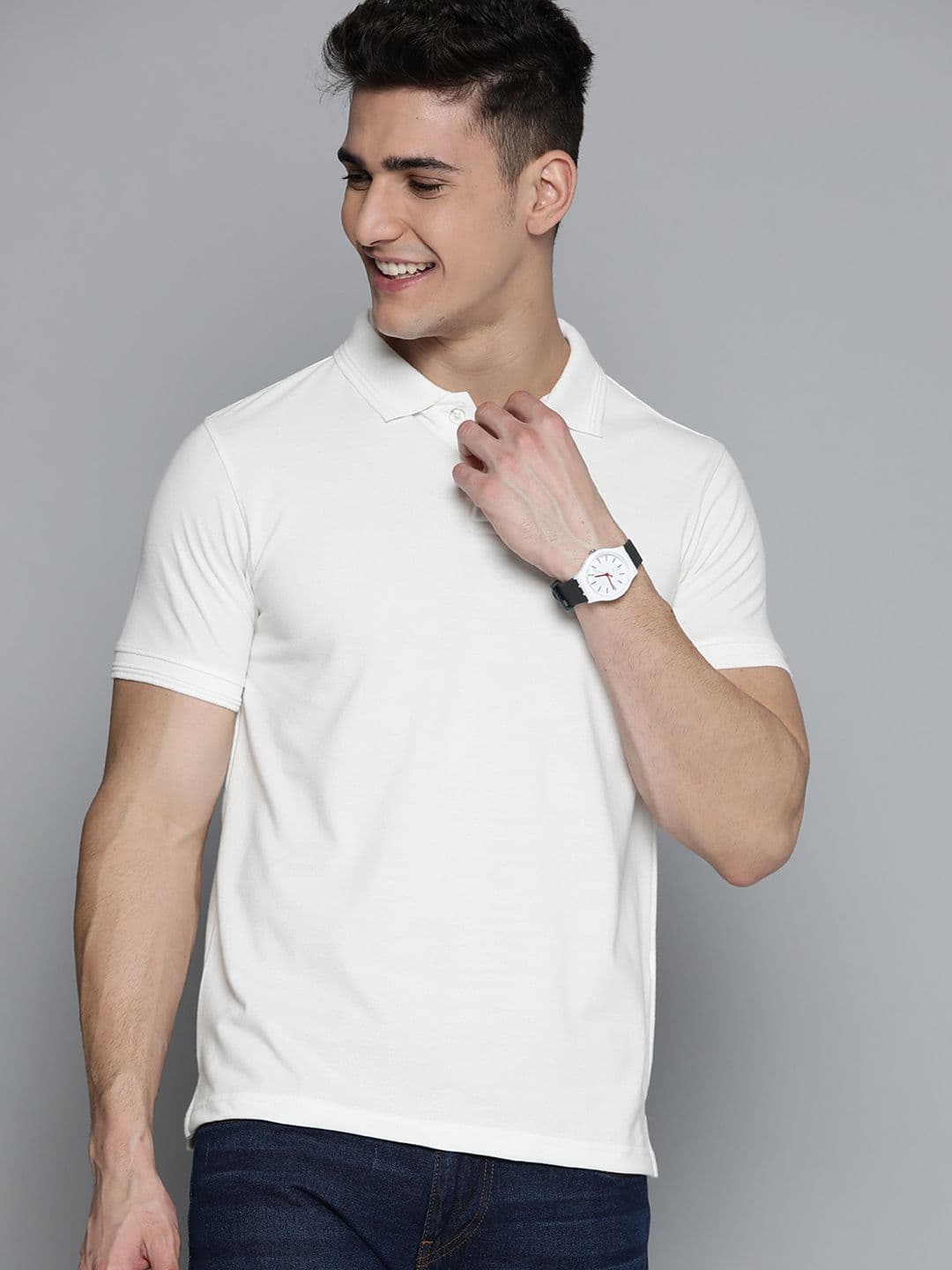 Mast & Harbour Men Off-White Solid Polo Collar T-shirt - view 1