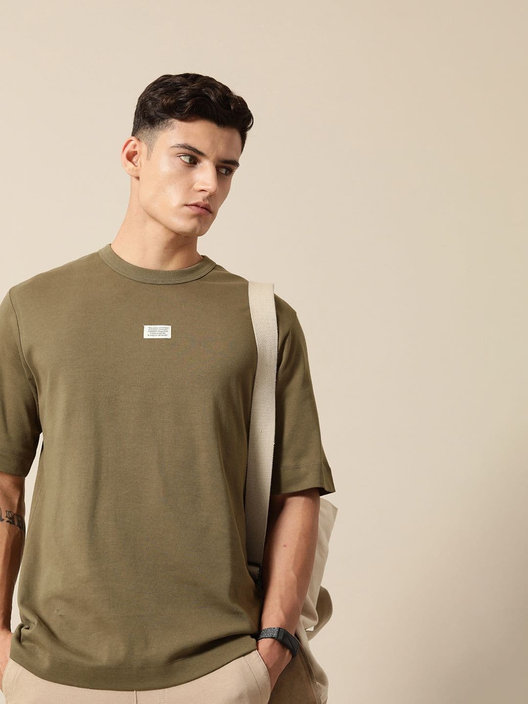 Mr Bowerbird Solid Pure Cotton Casual Oversized T-shirt With Patchwork Detail - view 1