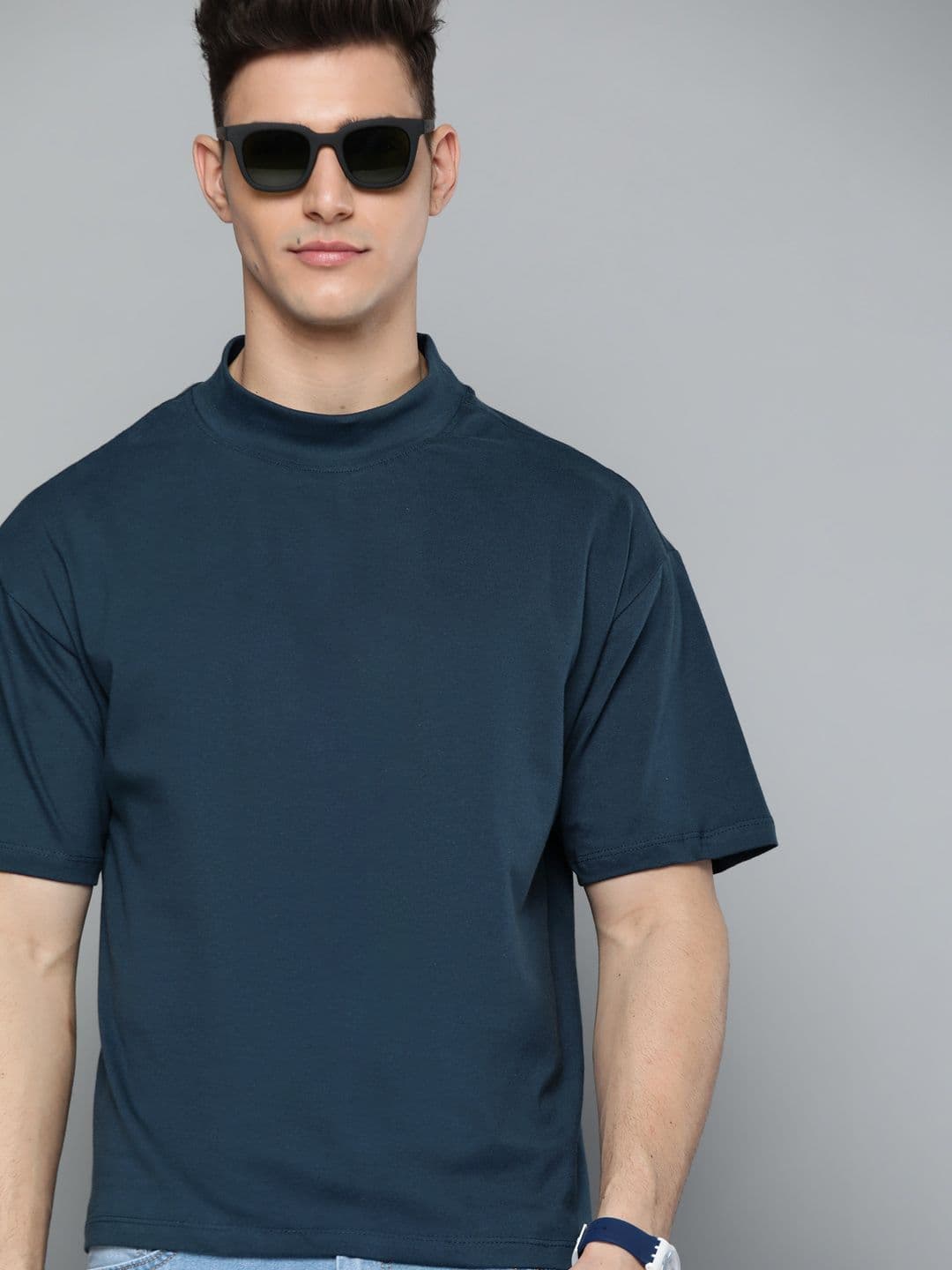 M&H Easy Men Navy Blue Cotton Solid Drop-Shoulder Sleeves T-shirt - view 1