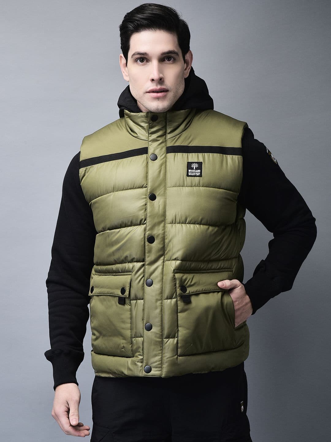 Woodland Men Mandarin Collar Solid Casual Puffer Jacket - view 1